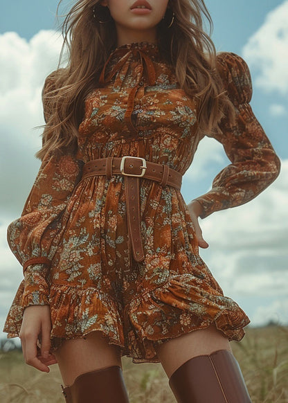 Pastoral Style Ruffled Print Cotton Mini Dress Long Sleeve