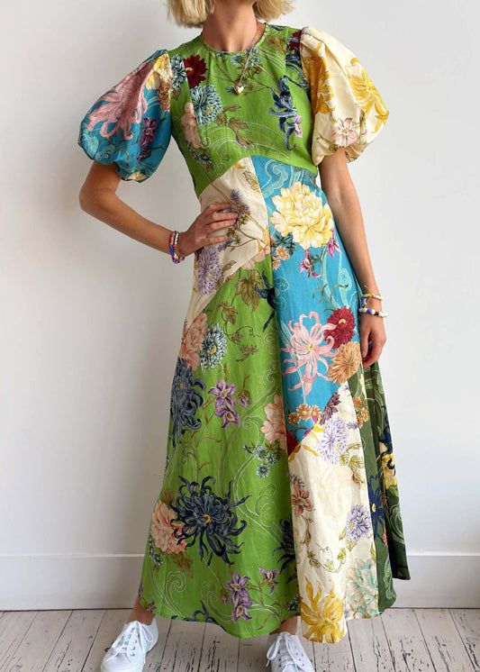 O Neck Print Cotton Long Dress Lantern Sleeve