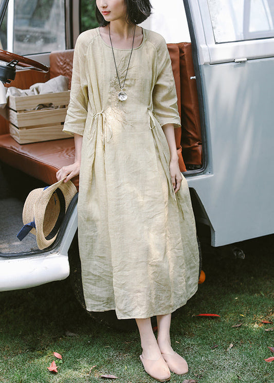 Apricot Embroidered Tie Waist Linen Dress Summer