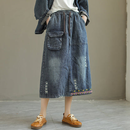 Retro Embroidery Ripped Denim Skirt