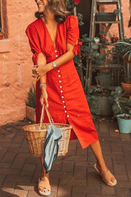 Vacation Button Knot Sleeve Dress