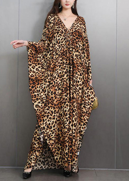 Italian Leopard V Neck Side Open Maxi Dress Batwing Sleeve