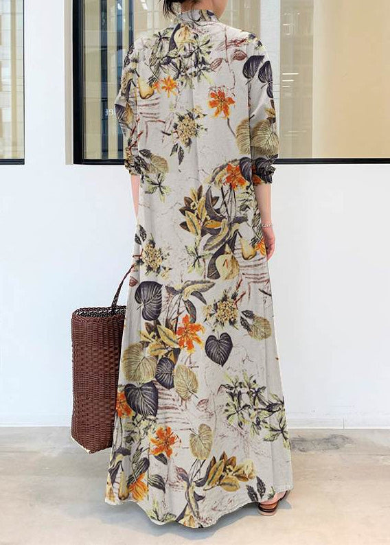 Beige Oversized Print Cotton Shirt Ankle Dress Spring