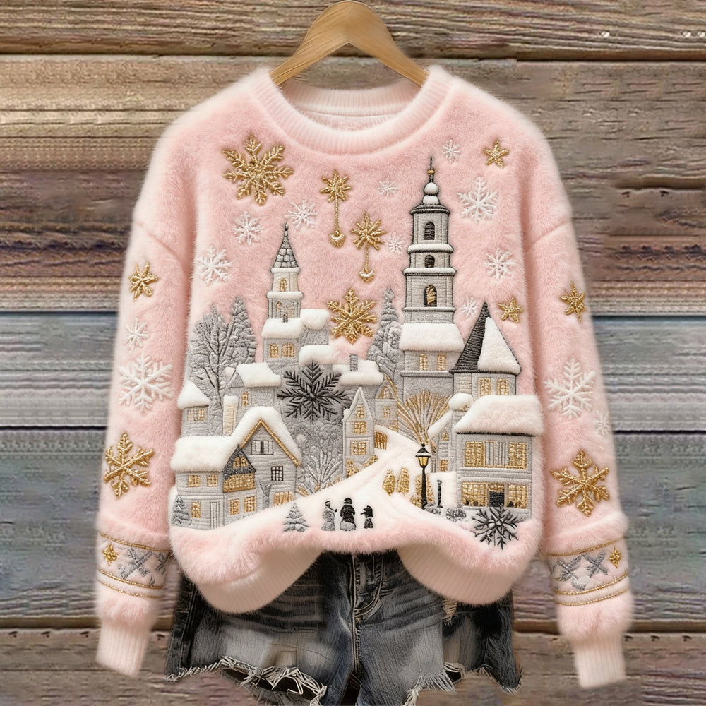 Christmas Snow Scene Embroidery Women's Cozy Plush Sweater artswardrobe