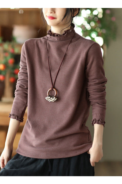 Long-sleeved Plus Fleece T-shirt With Retro Wooden Ears