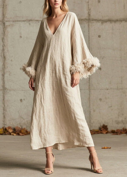 White V Neck Patchwork Faux Fur Dresses Flare Sleeve