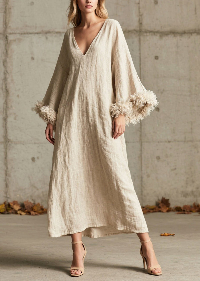 White V Neck Patchwork Faux Fur Dresses Flare Sleeve