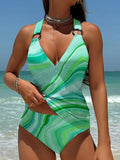 Green Water Ripples Women's Summer Beach Halter Top And Solid Color Triangle Briefs Tankini Set