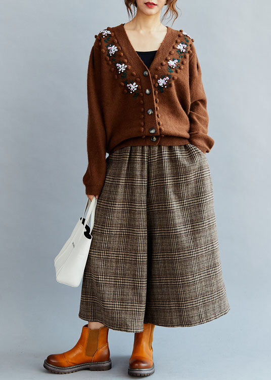 Fitted Coffee Embroideried Button Knit Sweaters Coat Winter