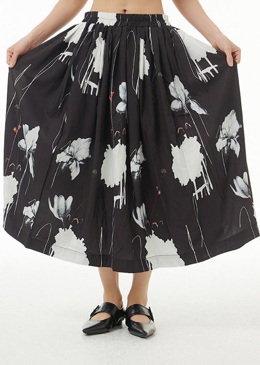 Black Print Exra Large Hem Cotton a Line Skirt Summer