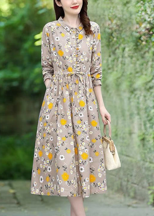 Beige Print Cotton Long Dress Tie Waist Spring
