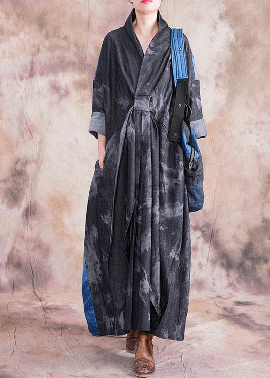 Modern Denim Black Cotton Dress V Neck Patchwork Loose Fall Dress