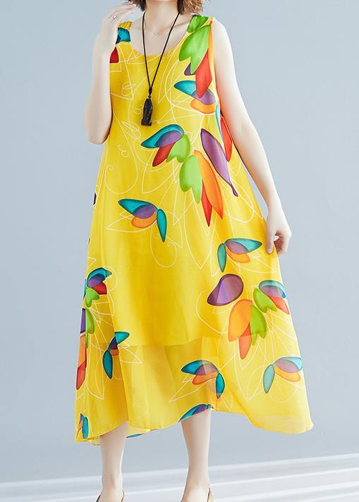Yellow Print Chiffon Robes Korea Tutorials O Neck False Two Pieces Long Summer Dress