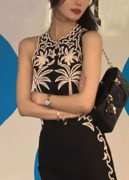 New Black O-neck Print Cotton Mid Dress Sleeveless