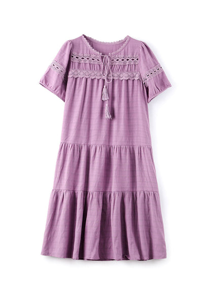 Purple Hollow Out Embroidered Cotton Dress Summer
