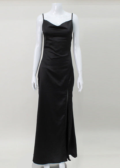 Black Side Open Silk Maxi Spaghetti Strap Dress Summer