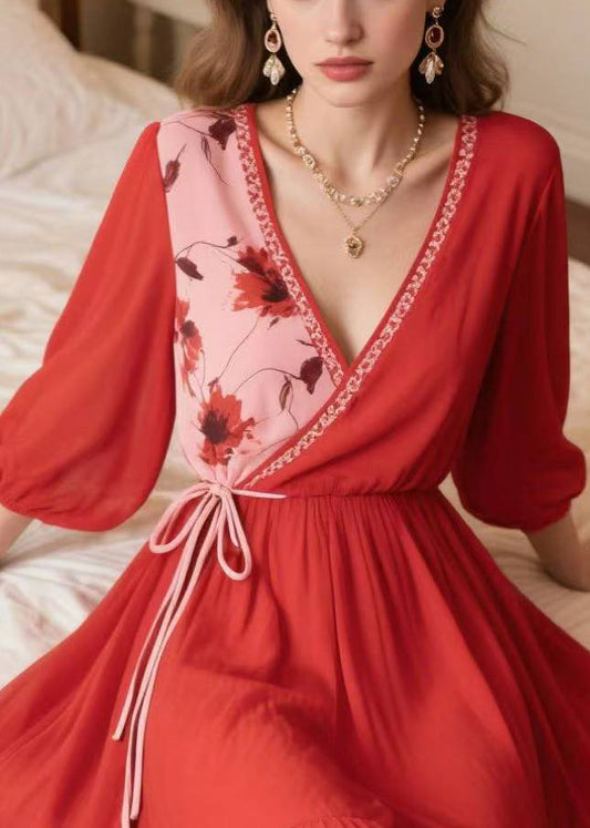 Red Exra Large Hem Patchwork Chiffon Vacation Dress Summer