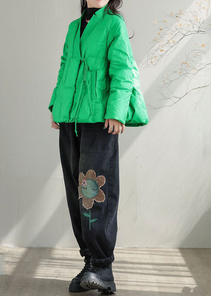 Green V Neck Pockets Duck Down Jackets Winter