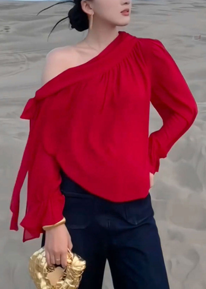 Stylish Red Lace Up Chiffon Shirt Fall