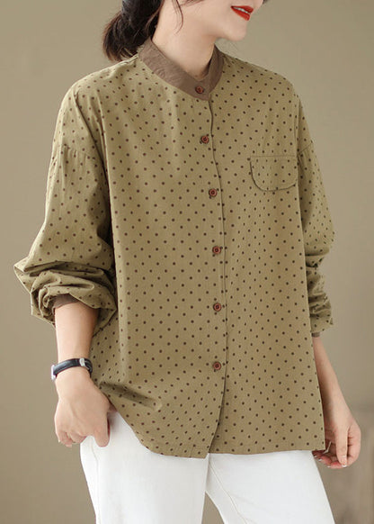 Versatile Green Dot Print Cotton Shirt Fall
