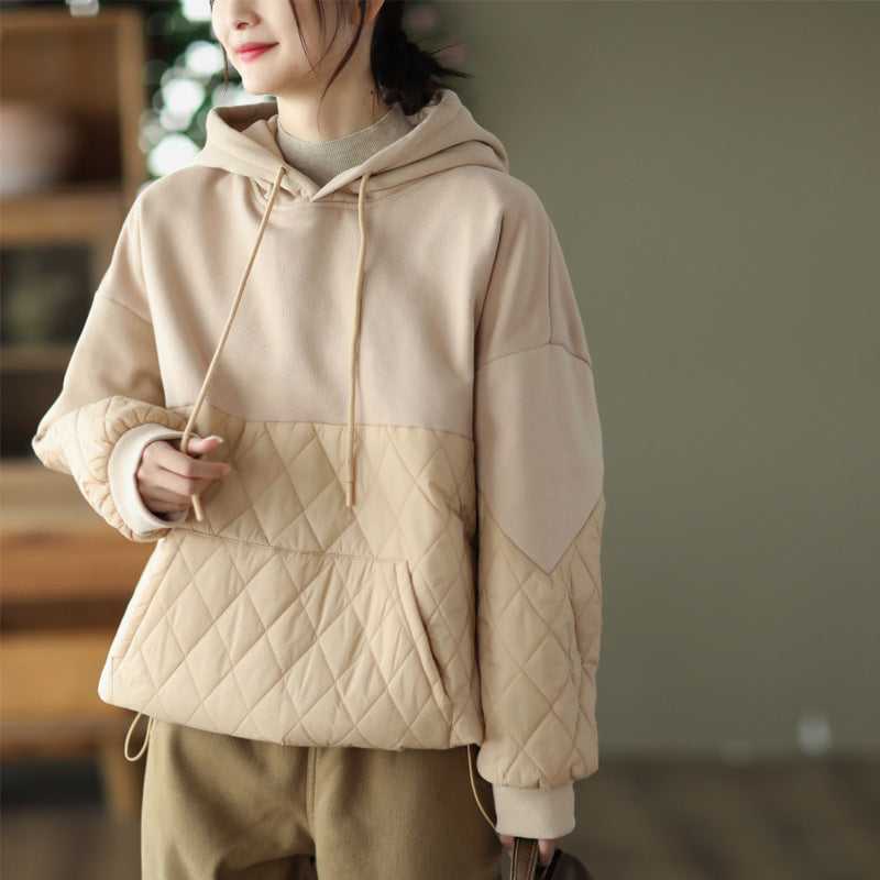 Loose Warm Patchwork Hooded Padded Sweatshirt
