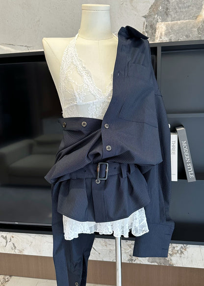 Striped Navy Peter Pan Collar Shirts and Lace Tank Cotton Two Pieces Set Fall