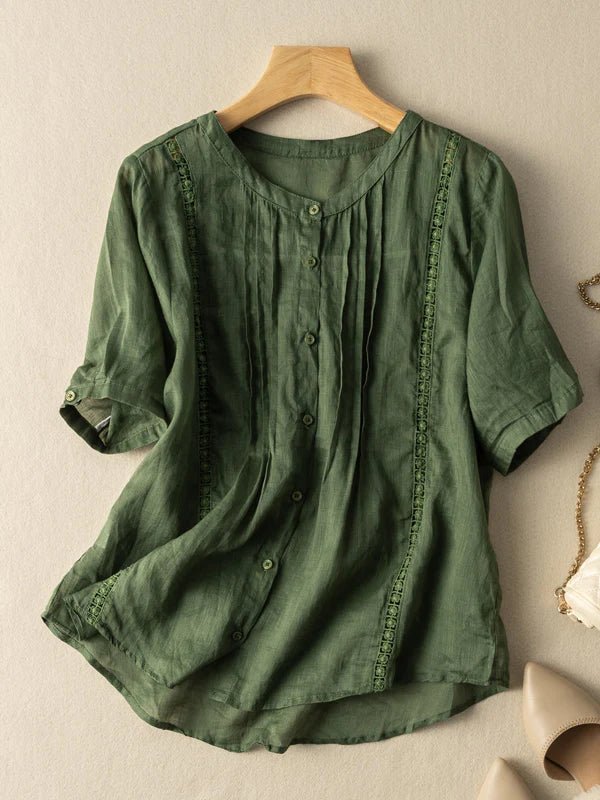 Pure Color Round Neck Short Sleeve Linen Top