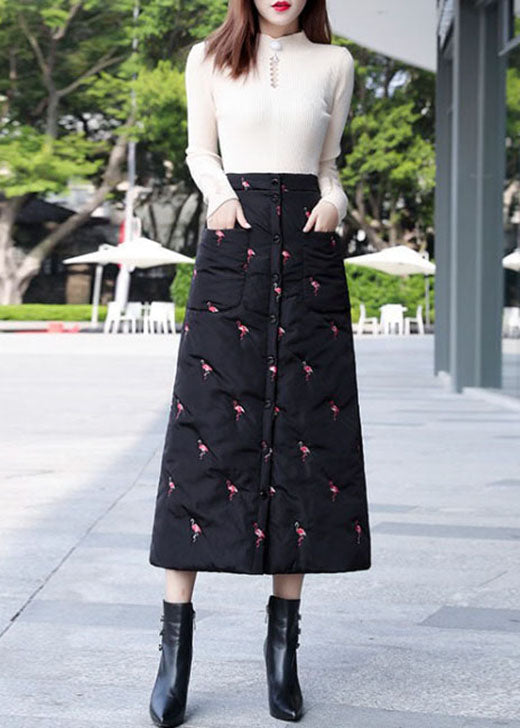 Diy Black Embroideried Button Fine Cotton Filled Skirt Winter