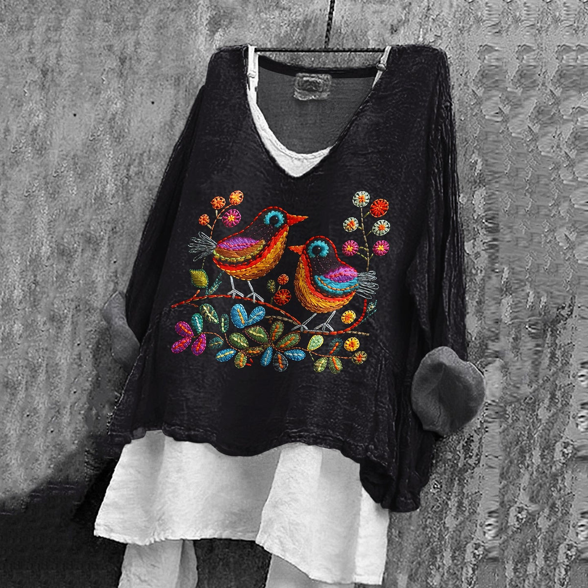 Women's Vintage Birds And Floral Embroidery Pattern Comfortable Shirt elevenforest