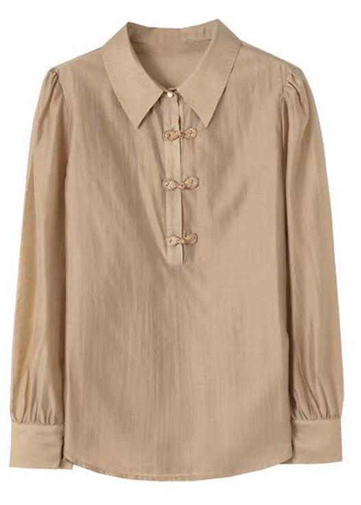 Khaki Peter Pan Collar Chinese Button Cotton Tops Fall