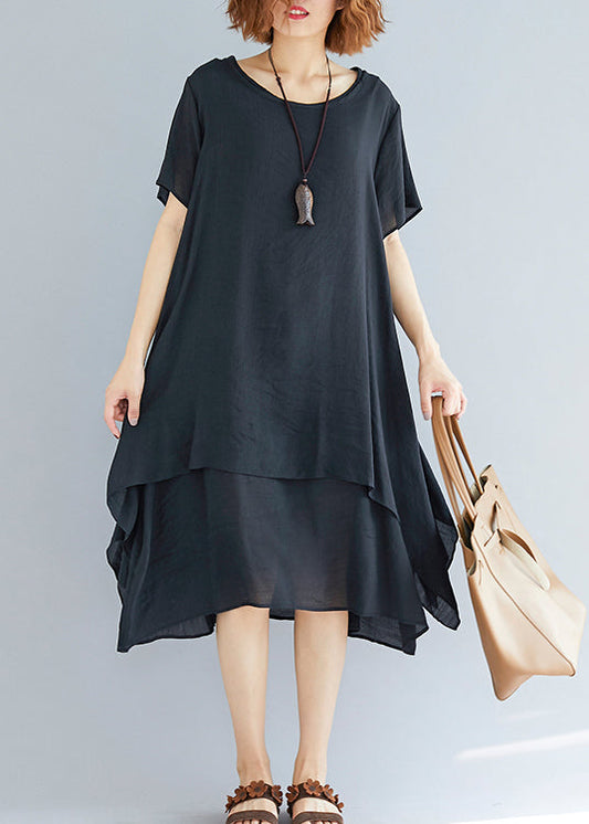 Vivid Black Linen-cotton Tunics for Fabrics O Neck Asymmetric Oversized Summer Dress