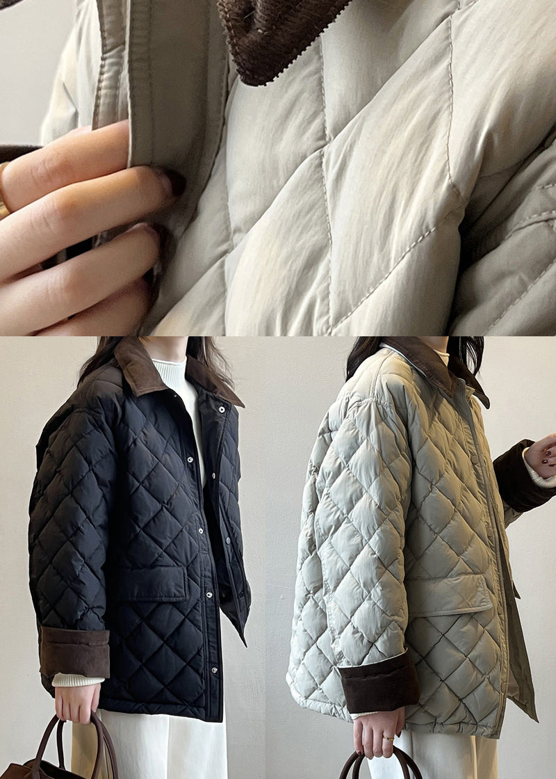 Black Pockets Corduroy Duck Down Puffer Coat Peter Pan Collar Winter