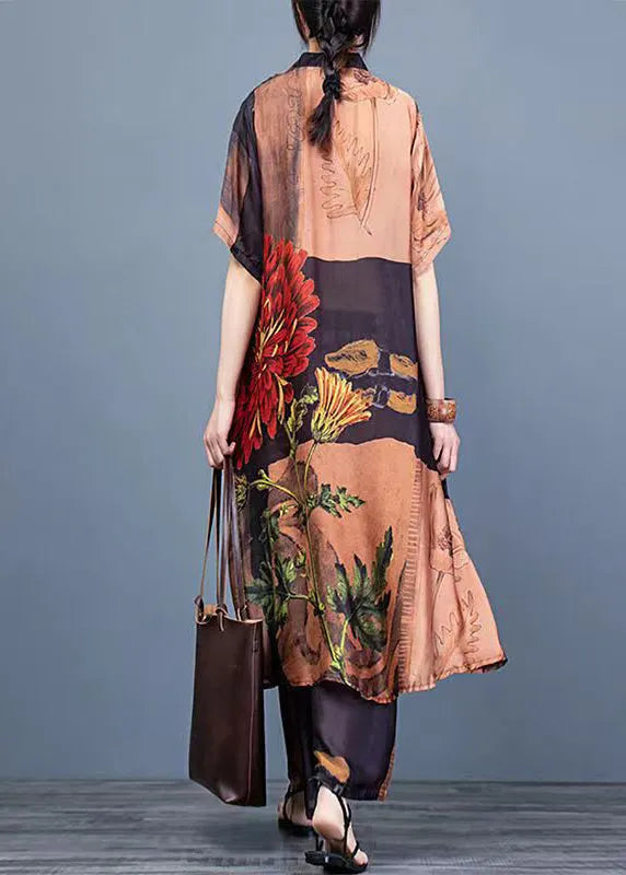 Coffee Print Silk Shirt Dress and Wide Leg Pants Two Pieces Set Thin Half Sleeve
