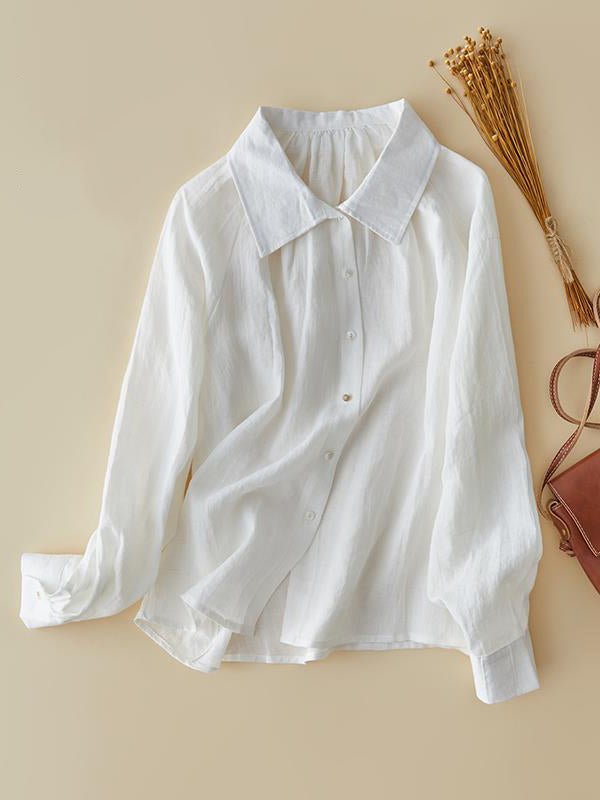 100% Linen Lapel Loose Shirt in One-size in Color