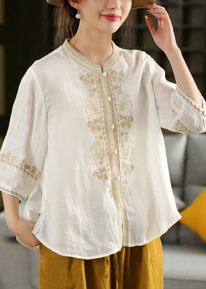 Orange O-neck Embroidered Linen Shirt Summer