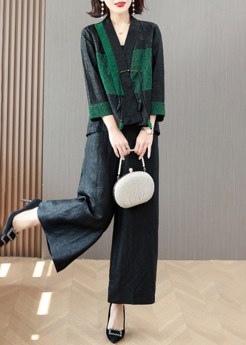 Boutique Black Tops and Wide Leg Pants Silk Two Piece Suit Set Spring