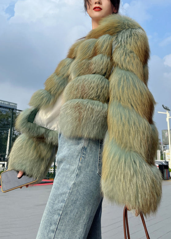 Green Patchwork Leather and Fur Coat Long Sleeve