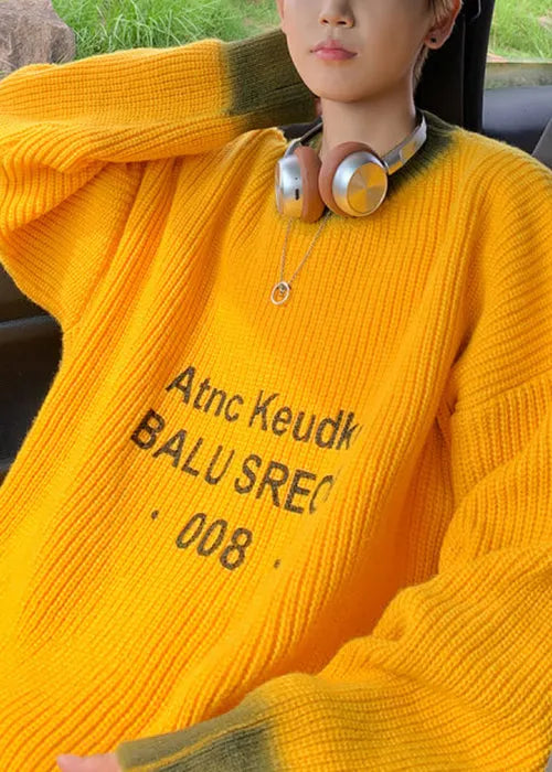 Loose Yellow Tie Dye Letter Knit Sweaters Winter