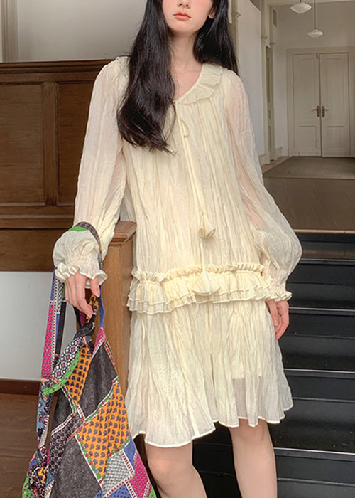Apricot Lace Up Ruffled Silk Mini Dresses Fall