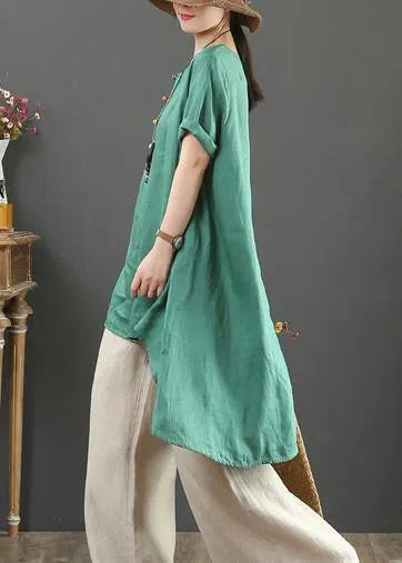 Italian Green Linen Top O Neck Asymmetric Baggy Summer Shirts