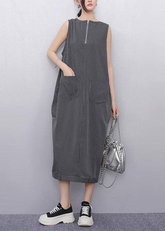 Dark Grey Striped Pockets Long Dresses Sleeveless