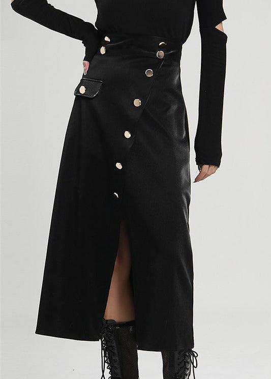 Black Asymmetrical Button Corduroy Skirt Spring