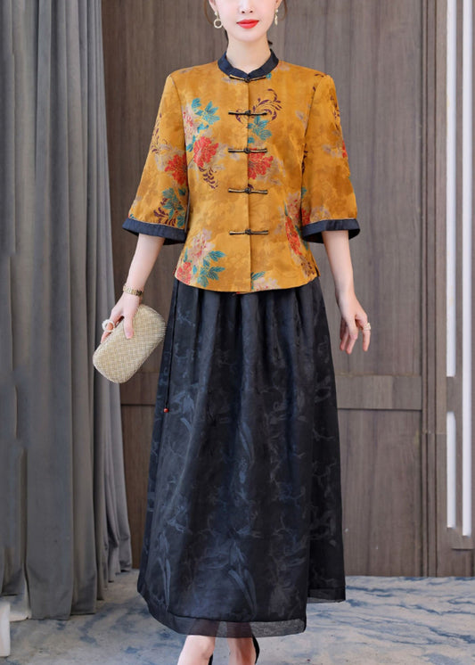 Retro Yellow Oriental Stand Collar Print Silk Tops and Skirts Two Pieces Set Half Sleeve