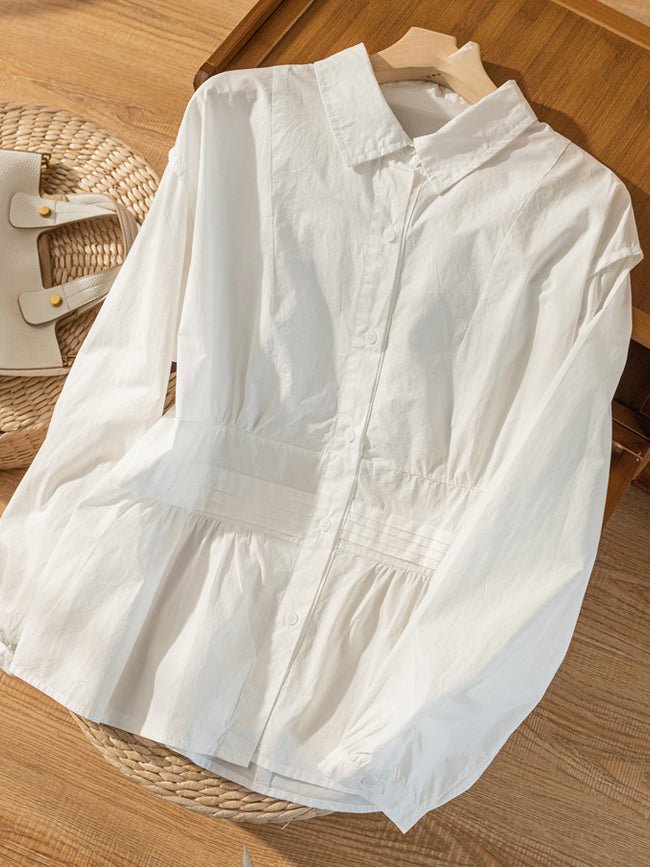 100% Natural Fabric Pleated Button Long Sleeve Loose Shirt