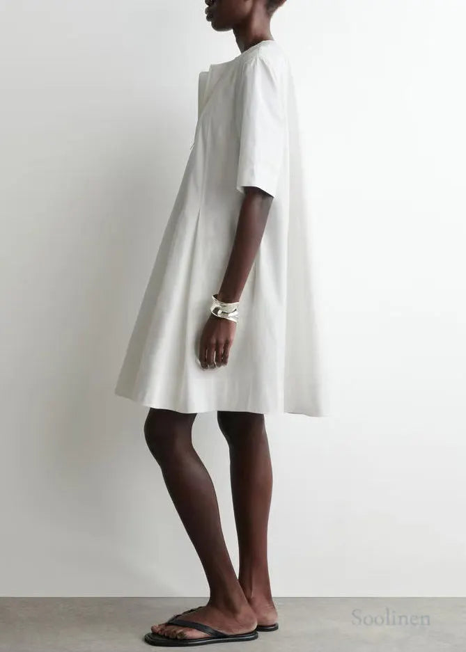 White Zip Up Cotton Day Dress Half Sleeve