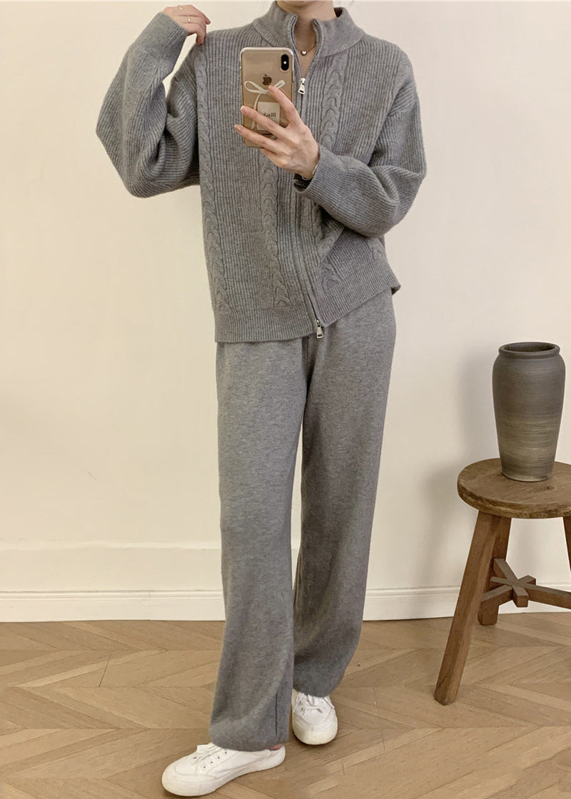 Grey Knitted Set Zippered Knitted Cotton Thread Sweater Cardigan and Wide Leg Pants Two Pieces Set Fall