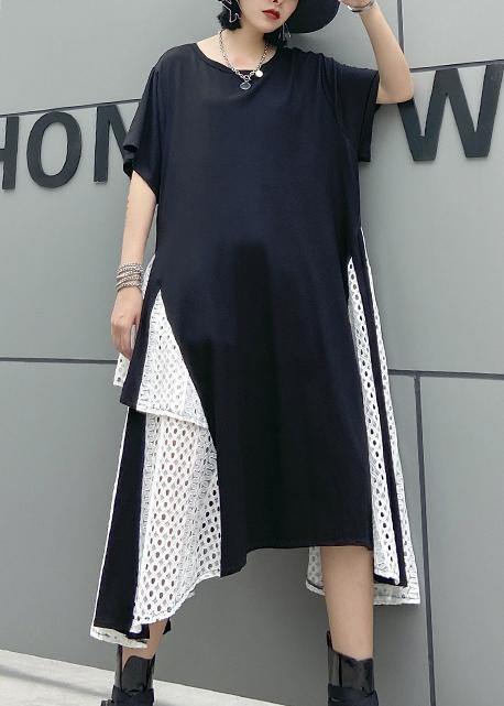 French Asymmetric O Neck Cotton Clothes Pattern Black Cotton Robes Dresses