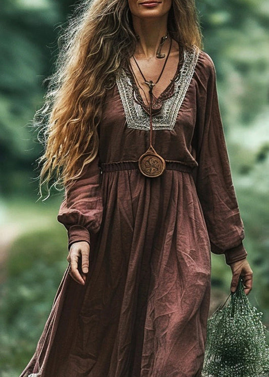 Coffee V Neck Patchwork Cotton Long Dress Spring