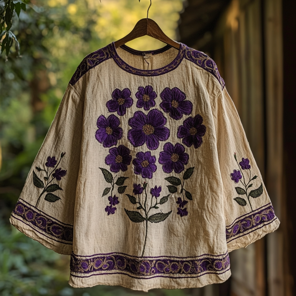 Purple Floral Embroidery Vintage Women's Linen Shirt elevenforest