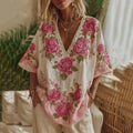 Women's Vintage  Floral Gradient Art V Neck Linen Comfy T-shirt elevenforest